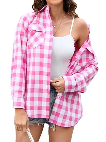 Stamain Trachtenbluse Damen Rosa Kariertes Hemd Langarm Trachtenblusen Oktoberfest Holzfällerhemd Karohemd Damen Oberteile Roll Up V-Ausschnitt Tops 3XL von Stamain