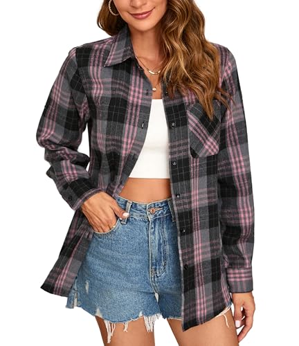 Stamain Rosa Kariertes Hemd Damen Langarm Flanellhemd Freizeit Karohemden mit Tasche Karierte Bluse Regular Fit 4XL von Stamain