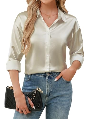 Stamain Satinblusen für Damen V-Ausschnitt Hemden Langarm Champagner Bluse Elegant mit Knöpfen Lässige Langarmshirt für Arbeit Business 4XL von Stamain