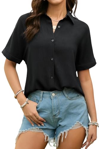Stamain Schwarz Bluse Damen Kurzarm Musselin Blusen Sommer Damen Hemd Lässig Elegante V-Ausschnitt Hemdbluse mit Knöpfen XL von Stamain