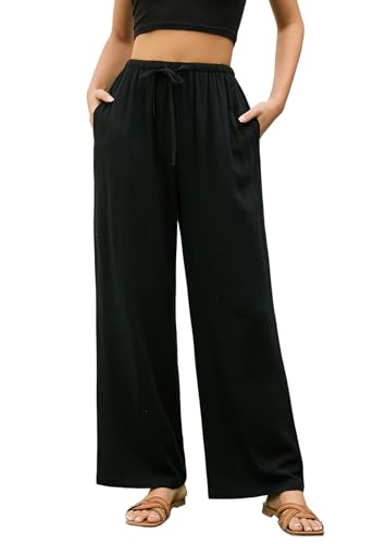 Stamain Schwarz Leinenhose Damen Sommer Weite Hose Elegante Strandhose Palazzo Leinen Hosen Bequem Baggy Tunnelzug Pants mit Taschen für Beach Vacation L von Stamain