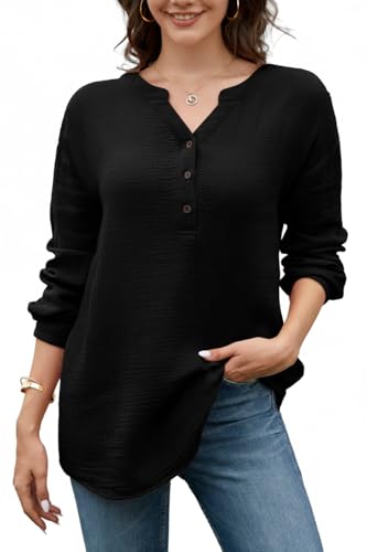 Stamain Schwarz Musselin Bluse Damen Baumwolle Langarm V-Ausschnitt Henley Bluse Damen Modern Casual Elegant Einfarbig Blusenshirt Solide Oberteile 2XL von Stamain