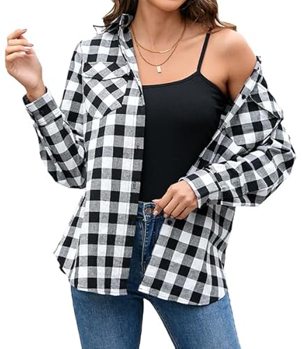 Stamain Trachtenbluse Damen Schwarz Kariertes Hemd Langarm Trachtenblusen Oktoberfest Holzfällerhemd Karohemd Damen Oberteile Roll Up V-Ausschnitt Tops 2XL von Stamain