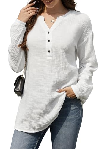 Stamain Weiß Bluse Damen Langarm Musselin Bluse Damen 100% Baumwolle V-Ausschnitt Henley Armeegrün Blusenshirt Casual Elegant mit Einfarbig Atmungsaktive Oberteile S von Stamain