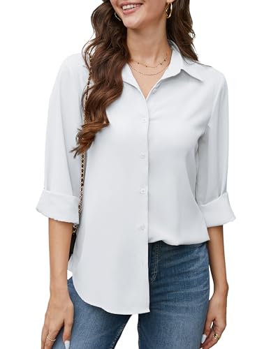 Stamain Weiße Bluse Damen Elegant Shirt Langarm Formelle Business Chiffon V-Ausschnitt Hemdbluse mit Knöpfen L von Stamain