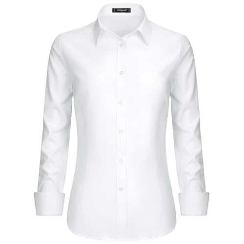 Stamain Weiße Bluse Damen Elegant Langarm Büroblusen Slim Fit Hemd V-Ausschnitt Businesshemd Damen mit Knopleiste 3XL von Stamain
