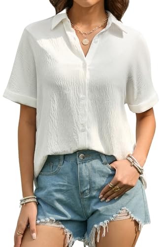 Stamain Weiße Bluse Damen Sommer Kurzarm Musselin Hemd Lässig Hemdbluse Damen Hemd Elegante V-Ausschnitt Blusen mit Knöpfen L von Stamain