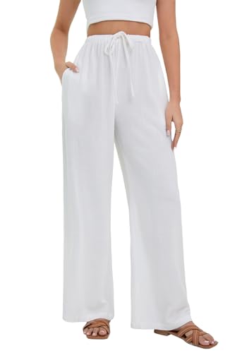 Stamain Weiße Leinenhose Damen Sommer Weite leinen Hose Elegante Strandhose Lang Palazzo Pants mit Taschen für Vacation Beach XXL von Stamain