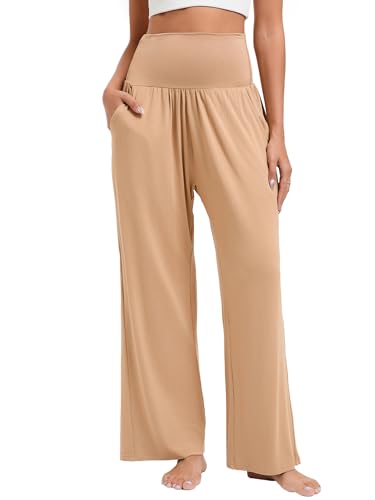 Stamain Weite Hose Damen Khaki Hohe Taille Palazzo Hose Lounge Sommer Gerade Geschnitten Lose Yogahose Lässig Leicht Dehnbar mit Taschen M von Stamain