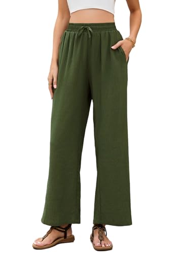 Stamain Weite Hose Damen Sommer Gerade Geschnitten Palazzo Hose Army Green Musselin Hose mit Taschen M von Stamain