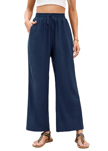 Stamain Weite Hosen Damen Sommer Musselin Hosen Marineblau Palazzo Hose Taille Dehnbar Lounge Schlupfhose mit Taschen L von Stamain