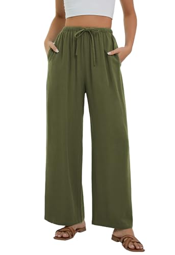 Stamain Weite Leinen Hose Damen Sommer Leinenhose Strandhose Elegante Grün Freizeithose Musselin Palazzo Pants mit Taschen für Beach L von Stamain