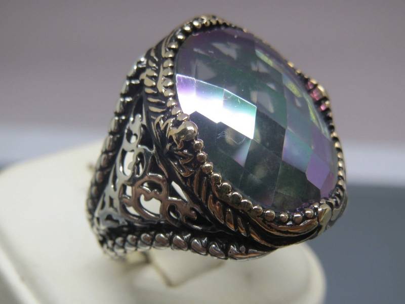 Türkisch Handgemachter Schmuck 925 Sterling Silber Regenbogen Stein Herrenring Sz 11 von StamboulJewel