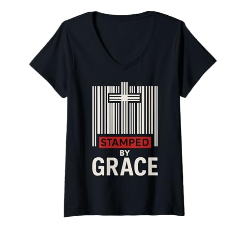 Damen Gestempelt von Grace Ephesians 2:8 Christian Barcode Cross Faith T-Shirt mit V-Ausschnitt Damen Gestempelt von Grace Ephesians 2:8 Christian Barcode Cross Faith T-Shirt mit V-Ausschnitt von Stamped By Grace Saved By Jesus Christian Barcode