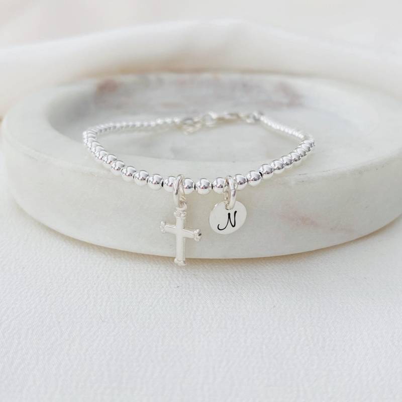 Baby Mädchen Oder Junge Taufe Armband, Kreuz Initial Patenkind Schmuck, Taufgeschenk, Erstkommunion Geschenk Der Patin von StampedEve