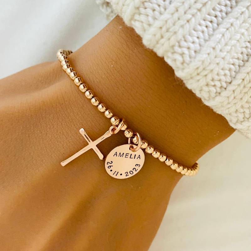 Rose Gold Kreuz Armband, Personalisierte Taufarmband, Erste Kommunion Geschenk, Patenkind Schmuck, Baby Armband von StampedEve