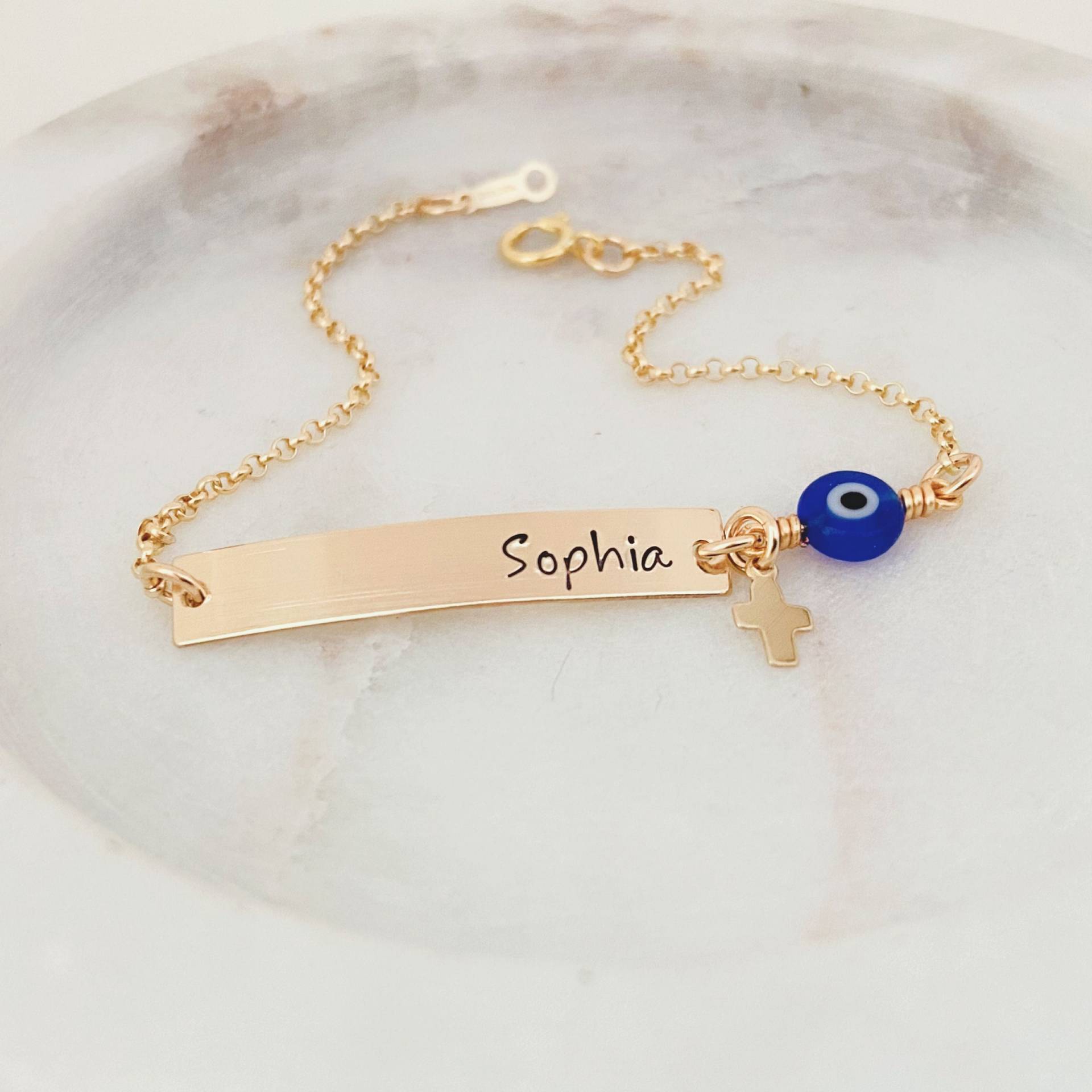 Säugling Armband, Baby Kreuz Evil Eye Schmuck, Taufgeschenk, Schutz Gold Bar Rose Gold, Sterling Silber von StampedEve