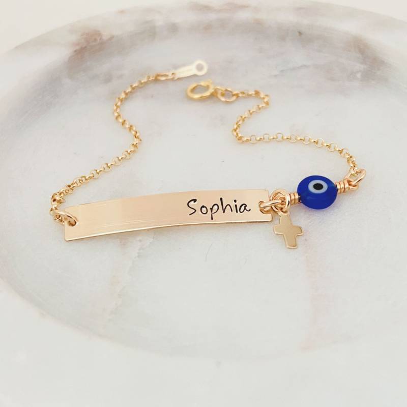 Säugling Armband, Baby Kreuz Evil Eye Schmuck, Taufgeschenk, Schutz Gold Bar Rose Gold, Sterling Silber von StampedEve