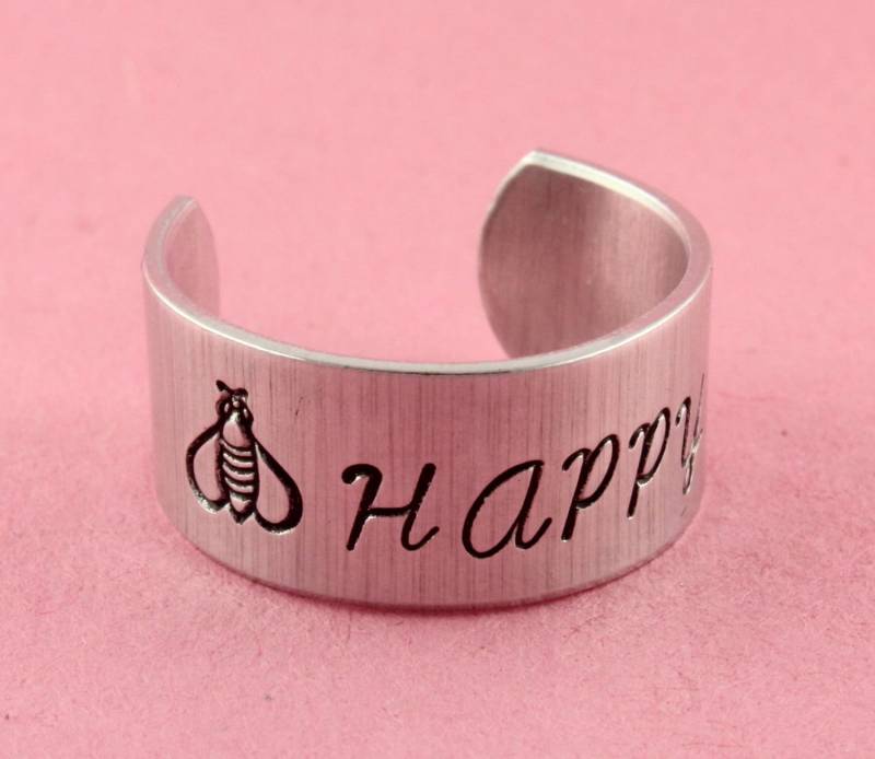 Be Happy Ring - Verstellbarer Silberring Bienenring Inspirationsring Silber Manschettenring Breiter Quote-Silber Breiter von StampinOffThePath
