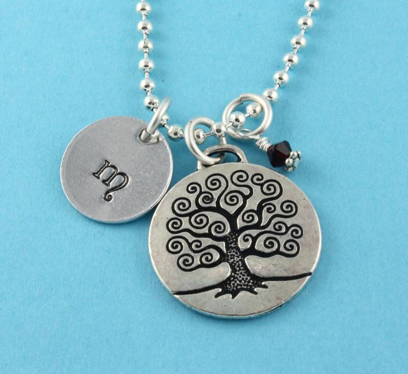 Sale - Baum Des Lebens Initial Und Geburtsstein Halskette Silber Hand Gestempelte Personalisierte Muttertagsgeschenk von StampinOffThePath