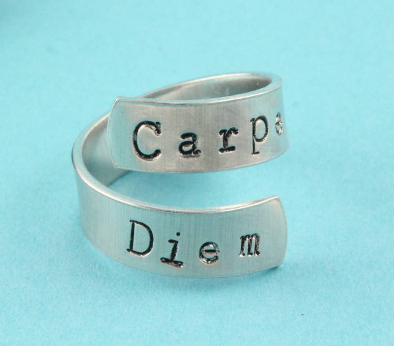 Sale - Carpe Diem Ring Seize The Day Verstellbarer Twist Aluminium Handgestempelter von StampinOffThePath