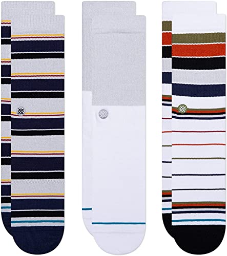 Stance Destin 3er Pack Crew Socken Streifen Block Grau Weiss Blau Baumwolle Medium von Stance