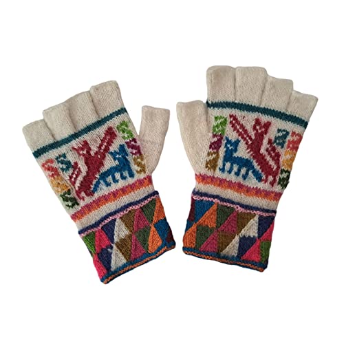 Stand Peru Fingerlose Handschuhe für Damen, Alpakawolle, Fäustlinge für Damen, Winterhandschuhe Damen, Weiss/opulenter Garten, Medium von Stand Peru