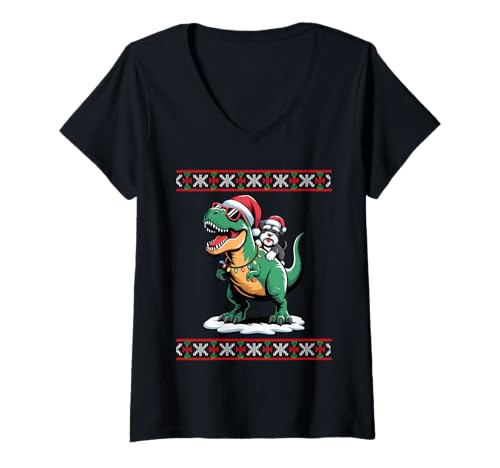 Damen Christmas Standard Schnauzer T-Rex Dinosaur Tyrannosaurus T-Shirt mit V-Ausschnitt Damen Christmas Standard Schnauzer T-Rex Dinosaur Tyrannosaurus T-Shirt mit V-Ausschnitt von Standard Schnauzer Dog Lover Gifts