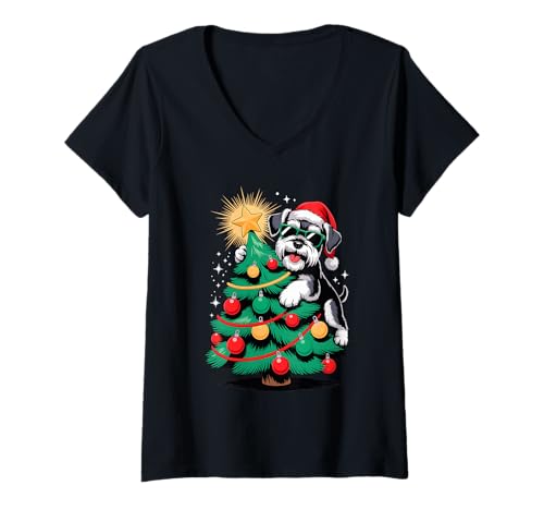 Damen Christmas Tree Standard Schnauzer Sunglasses T-Shirt mit V-Ausschnitt Damen Christmas Tree Standard Schnauzer Sunglasses T-Shirt mit V-Ausschnitt von Standard Schnauzer Dog Lover Gifts