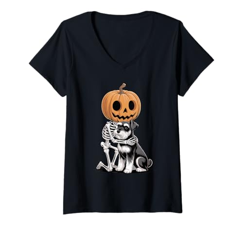 Damen Halloween Skeleton Standard Schnauzer T-Shirt mit V-Ausschnitt Damen Halloween Skeleton Standard Schnauzer T-Shirt mit V-Ausschnitt von Standard Schnauzer Dog Lover Gifts