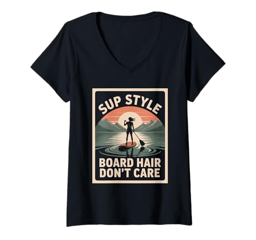 Damen SUP Style Boardhaar Don't Care Standup Paddleboard T-Shirt mit V-Ausschnitt Damen SUP Style Boardhaar Don't Care Standup Paddleboard T-Shirt mit V-Ausschnitt von Standup Paddleboard Standup Paddleboarding