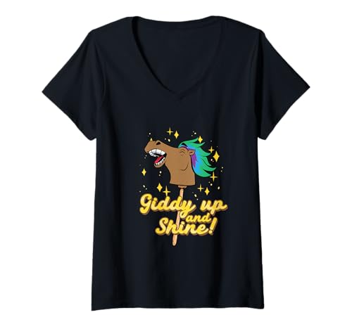 Damen Hobby Horsing Steckenpferde Giddy Up and Shine T-Shirt mit V-Ausschnitt von Stangenpferd Hobby Horse