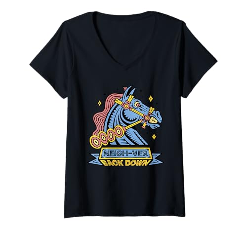 Damen Hobby Horsing Steckenpferde Neigh-ver Back Down T-Shirt mit V-Ausschnitt von Stangenpferd Hobby Horse