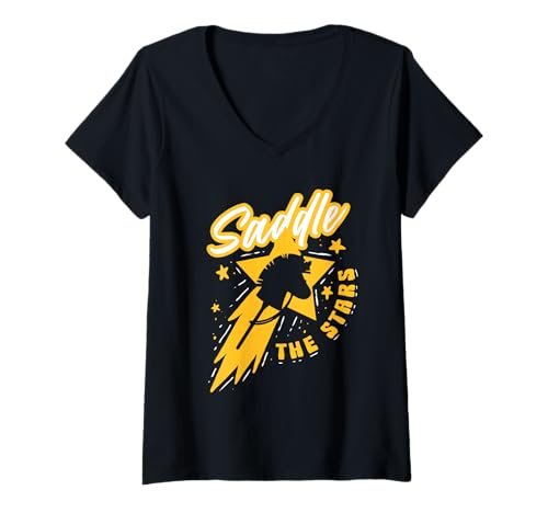 Damen Hobby Horsing Steckenpferde Saddle The Stars T-Shirt mit V-Ausschnitt von Stangenpferd Hobby Horse