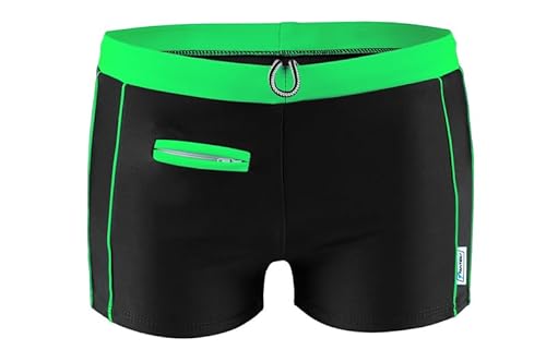 Stanteks Herrenbadehosen mit Reißverschlusstasche Badeshorts für Männer Schwimmhose SK0015 (DE/NL/SE/PL, Alphanumerisch, S, Regular, Regular, Schwarz/Grün) von Stanteks