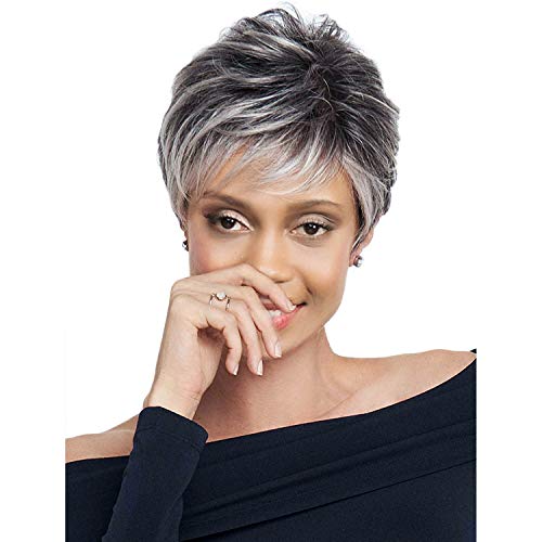 Kurze Lockige Graue Perücken für Frauen Pixie Cut Perücke Synthetisch Schwarz Gradient Silber Layered Perücken für Frauen (Grey 2) von Star Flower