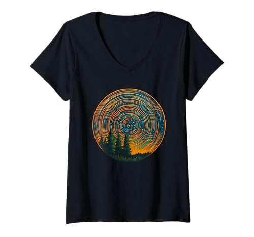 Damen Star Trails Forest Night Sky Nature Lover Retro Wildlife T-Shirt mit V-Ausschnitt Damen Star Trails Forest Night Sky Nature Lover Retro Wildlife T-Shirt mit V-Ausschnitt von Star Gazing Forest Outdoor Camping Tee Co.