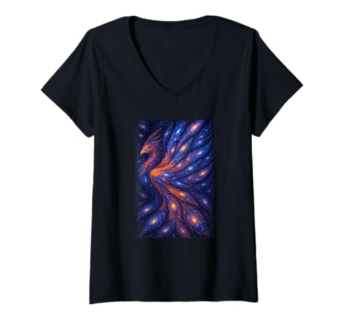 Damen Cosmic Phoenix Bird Space Fractal Artwork Design Grafik T-Shirt mit V-Ausschnitt von Star Phoenix