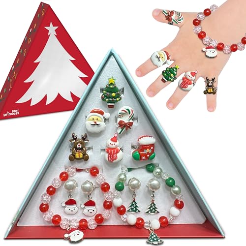 Schmuck-Set für Weihnachtsstrumpffüller, Schmuck-Set für Kinder, Ringe, Armbänder, Clip-On-Ohrringe für Mädchen in Weihnachtsbaum-Geschenkbox, Geschenk für Mädchen im Alter von 3 4 5 6 7 8 von Star Princess