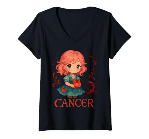 Damen Niedliches Anime-Krebs-Sternzeichen-Mädchen T-Shirt mit V-Ausschnitt von Star Sign Cancer Zodiac Girl