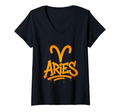 Damen Widder Sternzeichen Graffiti Schriftzug Design T-Shirt mit V-Ausschnitt von Star Sign
