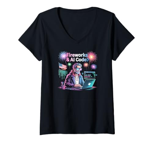Damen Uncle Sam Coder Fireworks AI 4. Juli T-Shirt mit V-Ausschnitt Damen Uncle Sam Coder Fireworks AI 4. Juli T-Shirt mit V-Ausschnitt von Star-Spangled Syntax Apparel Gifts by Anastasia