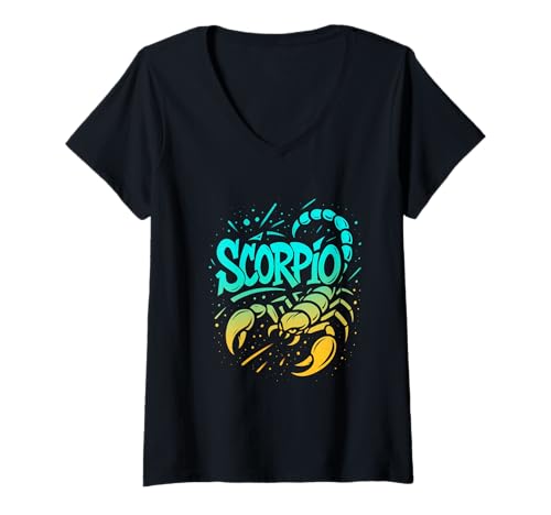 Damen Skorpion-Sternzeichen-Graffiti-Illustration T-Shirt mit V-Ausschnitt Damen Skorpion-Sternzeichen-Graffiti-Illustration T-Shirt mit V-Ausschnitt von Star Sting