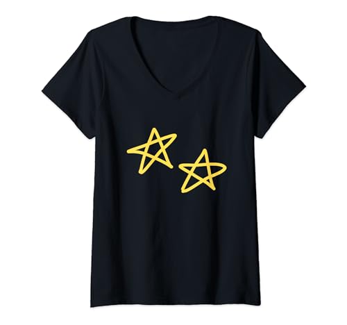 Damen Zwei gelbe Sterne 2 Sterne T-Shirt mit V-Ausschnitt von Star Tees