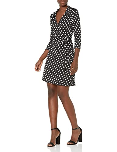 Star Vixen Damen 3/4-Ärmel Wickelkleid mit Kragen Lässiges Kleid, Schwarz/Weißer Punkt, Klein von Star Vixen