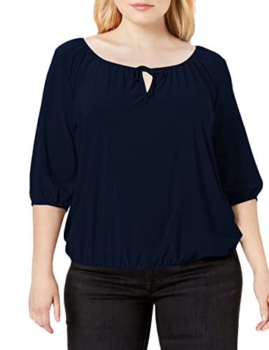 Star Vixen Damen Übergröße 3/4 Ärmel Bauern Elastischer Saum Schlüsselloch Krawatte Top Bluse, Marineblau, 2X von Star Vixen