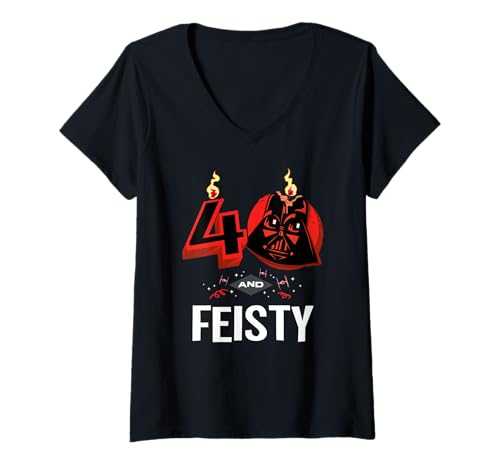 Damen Star Wars 40th Birthday Party "40 and Feisty" Darth Vader T-Shirt mit V-Ausschnitt von Star Wars