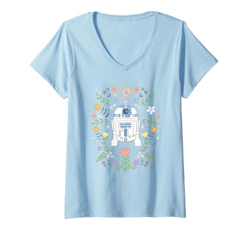 Damen Star Wars Cute R2D2 Floral Spring Vibes Big Chest Logo T-Shirt mit V-Ausschnitt von Star Wars