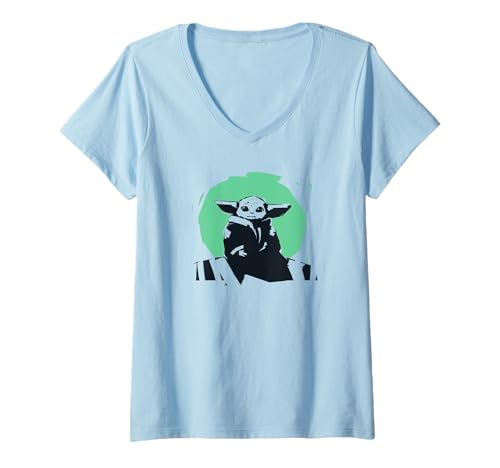 Damen Star Wars The Mandalorian Grogu Seeing Stone Woodblock Print T-Shirt mit V-Ausschnitt von Star Wars
