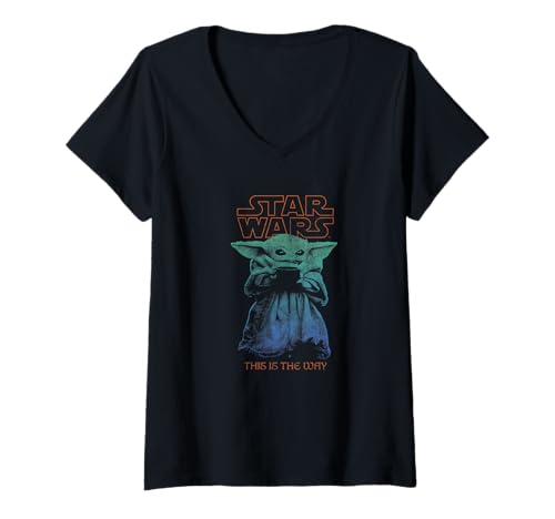 Damen Star Wars: The Mandalorian Baby Yoda Holding Cup Color Faded T-Shirt mit V-Ausschnitt von Star Wars